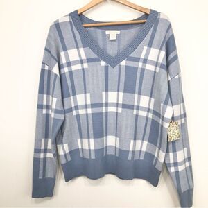 Christian Siriano New York Light Blue White Plaid V Neck Pullover Sweater NEW